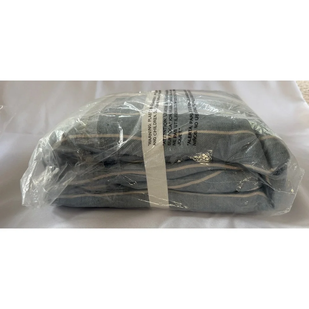 Pottery Barn Belgian Flax Linen Stripe Duvet Cover Full Queen Blue White NEW